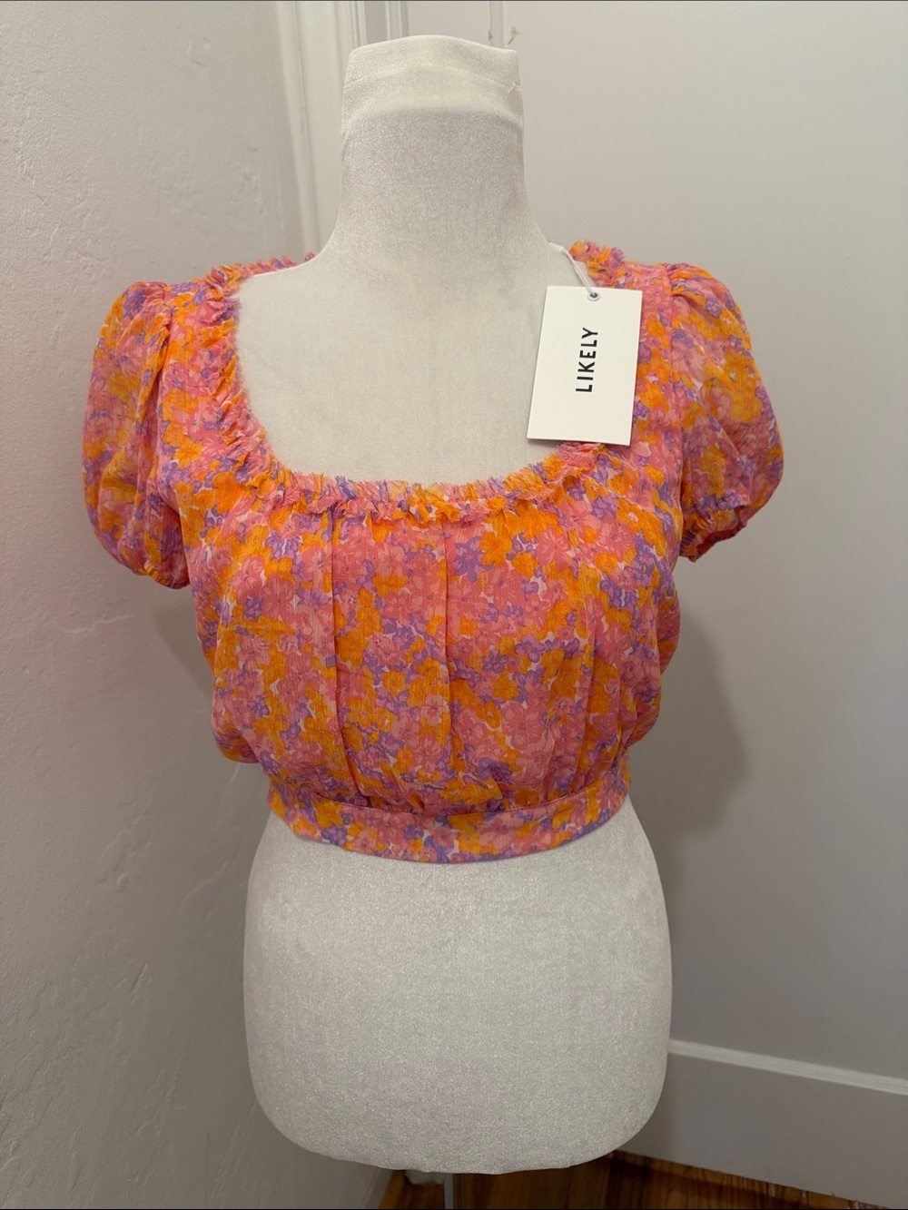 Likely Pink & Orange Floral Puff Sleeve Crop Top